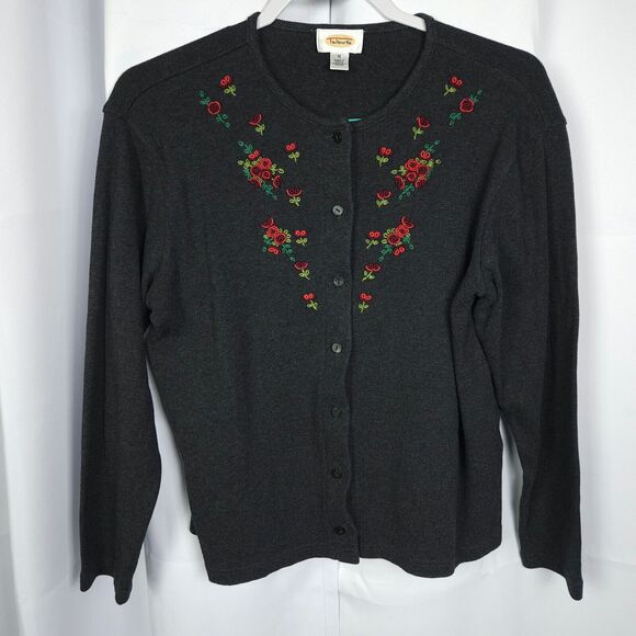 Talbots Womens Medium Gray Floral Rose Flower Embroidery Cardigan Sweater - Picture 1 of 7